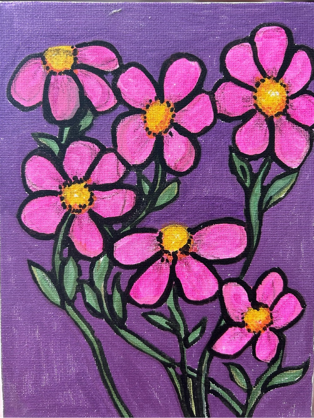 Handmade Pink Floral Canvas Wall Art - Purple Background